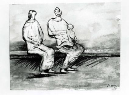 Two Women on a Bench, One with a Child