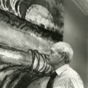Henry Moore looking at <i>Colour Composition with Half-Moon</i>, 1981

Photograph: Rosemary a…