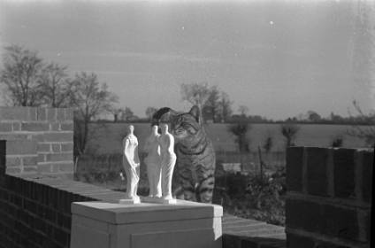 <i>Maquette for Three Standing Figures</i>, 1945 (LH 258, terracotta) in the grounds at Perry G…