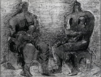 Two Seated Women with Children in a Shelter