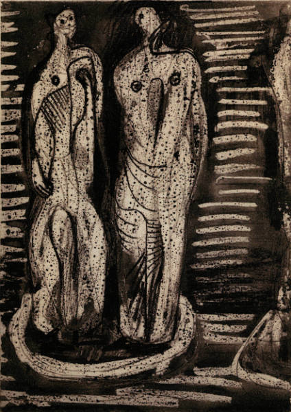 Two Standing Figures: Drawing for Linen Panel