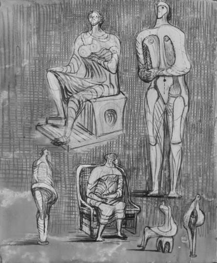 Seated and Standing Figures, Woman Holding Cat