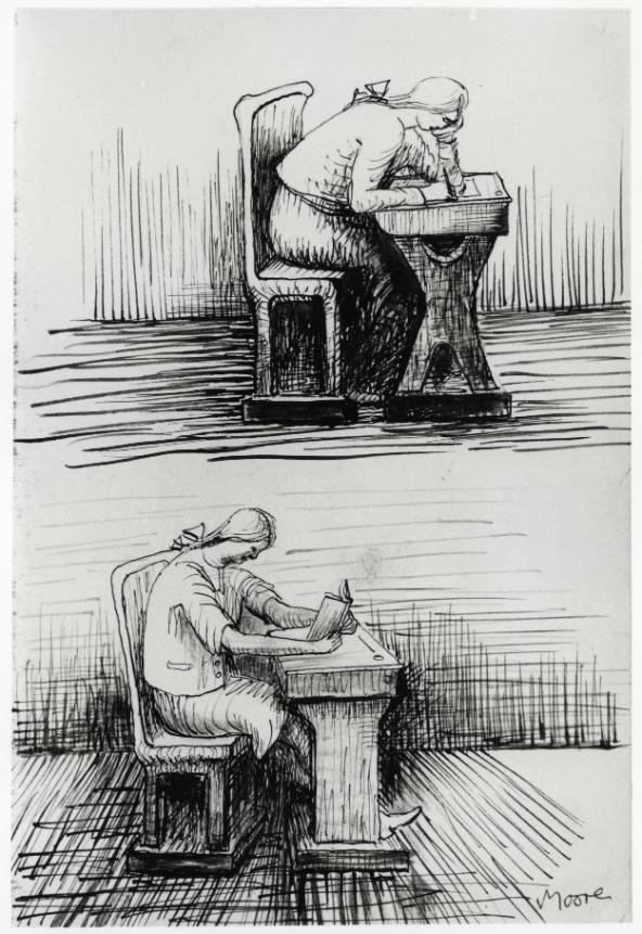 Two Studies of Girl at Desk