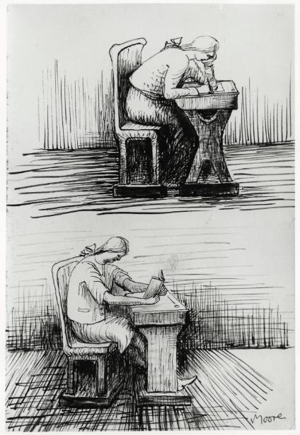 Two Studies of Girl at Desk