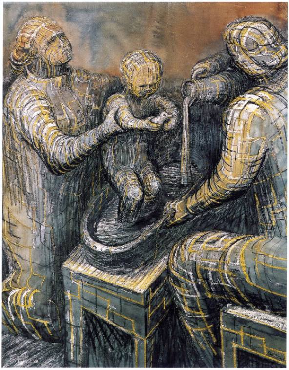 Two Women Bathing a Child