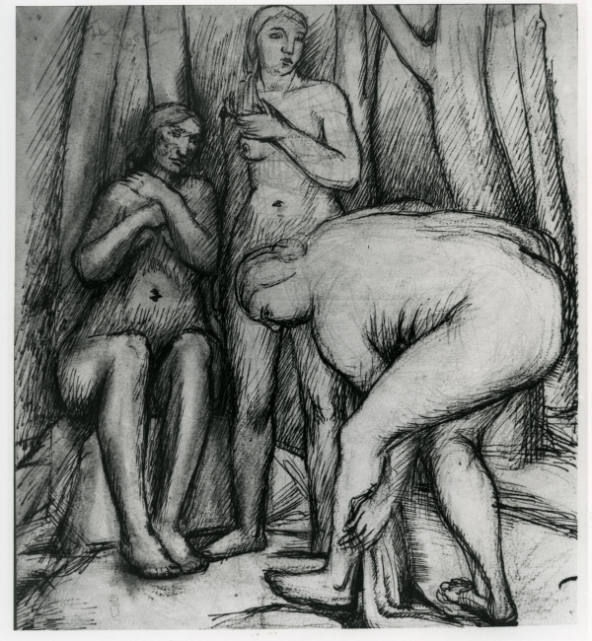 Three Figures against Tree Trunks