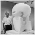 Henry Moore with Atom Piece: Working Model for Nuclear Energy. Photo: Frank Stanton
