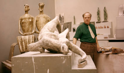 Henry Moore in Perry Green 1956, with the plaster for Falling Warrior LH 405